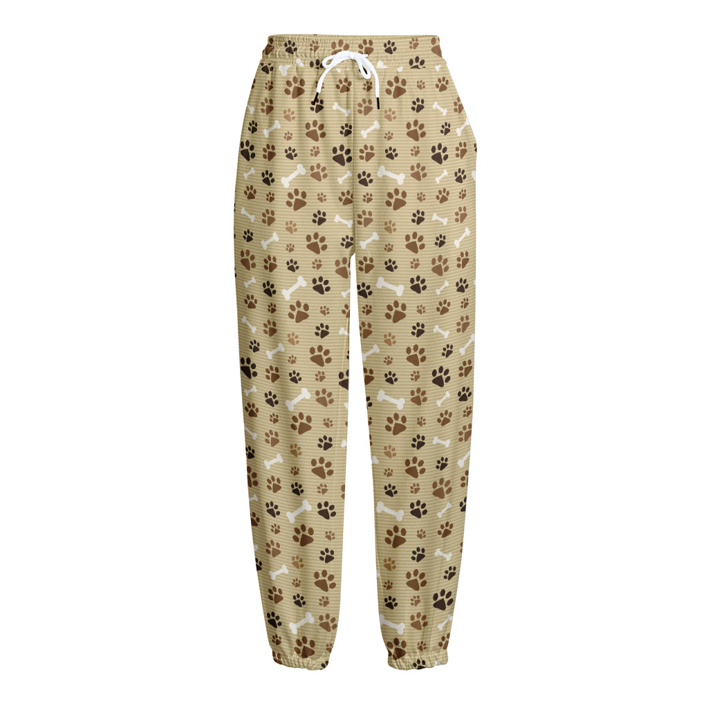 Beige Paw And Bone Pattern Print Fleece Lined Knit Pants