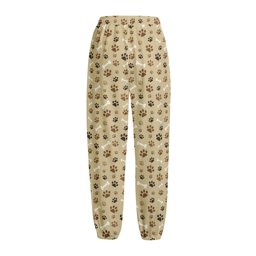 Beige Paw And Bone Pattern Print Fleece Lined Knit Pants
