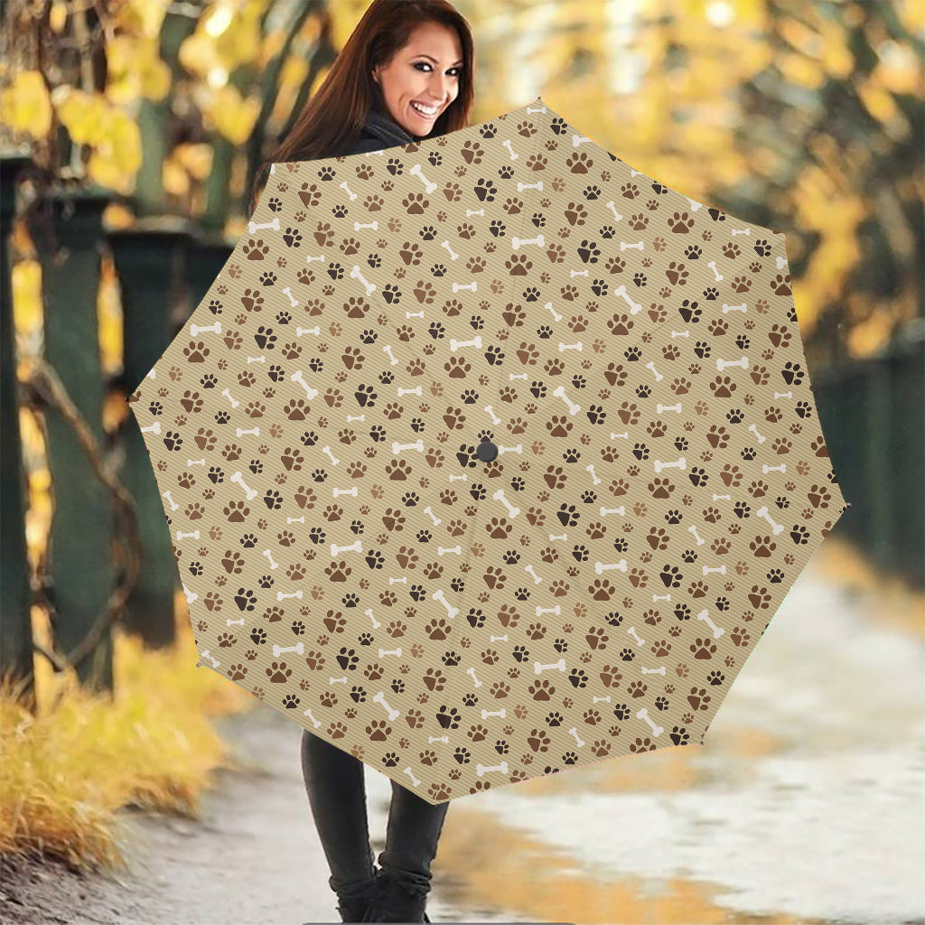 Beige Paw And Bone Pattern Print Foldable Umbrella