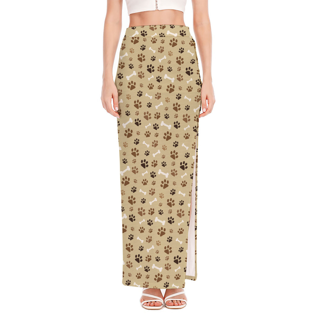 Beige Paw And Bone Pattern Print High Slit Maxi Skirt