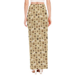 Beige Paw And Bone Pattern Print High Slit Maxi Skirt