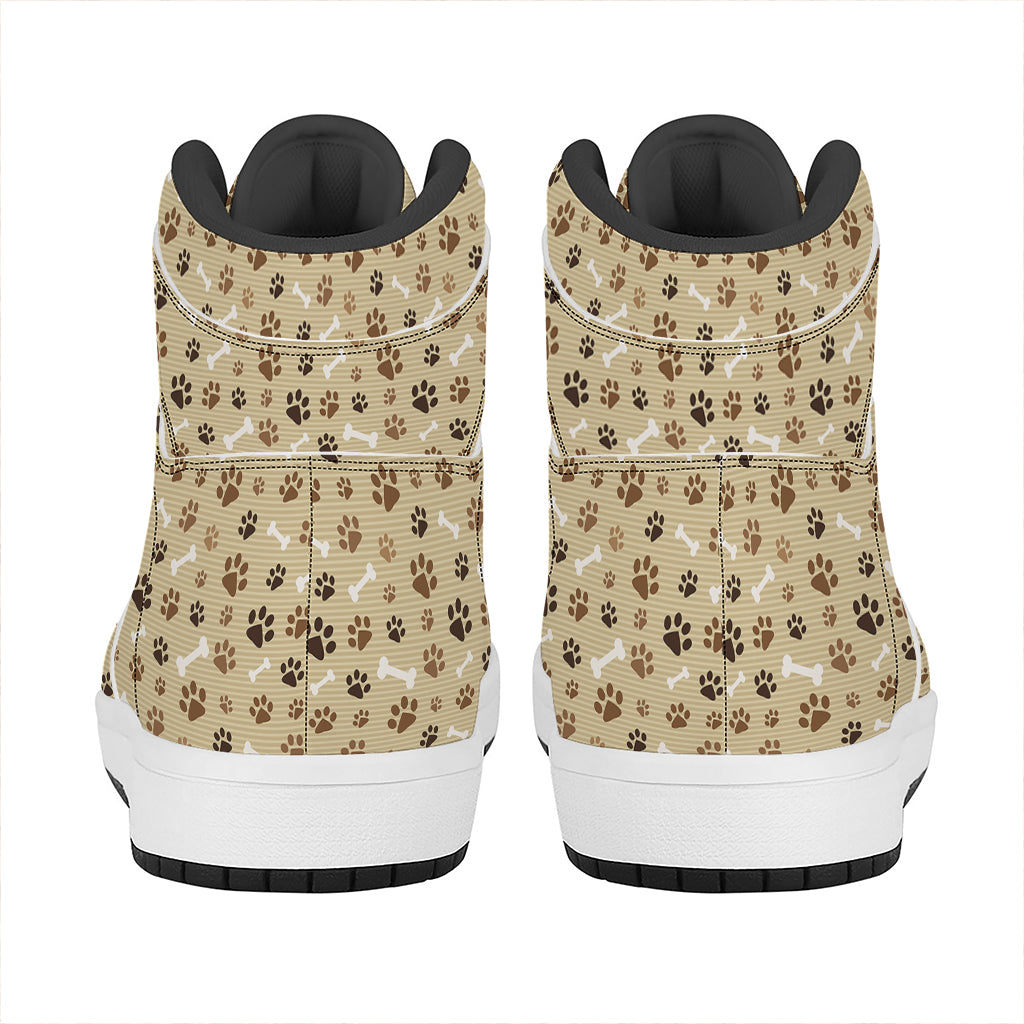 Beige Paw And Bone Pattern Print High Top Leather Sneakers