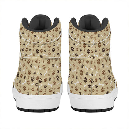 Beige Paw And Bone Pattern Print High Top Leather Sneakers