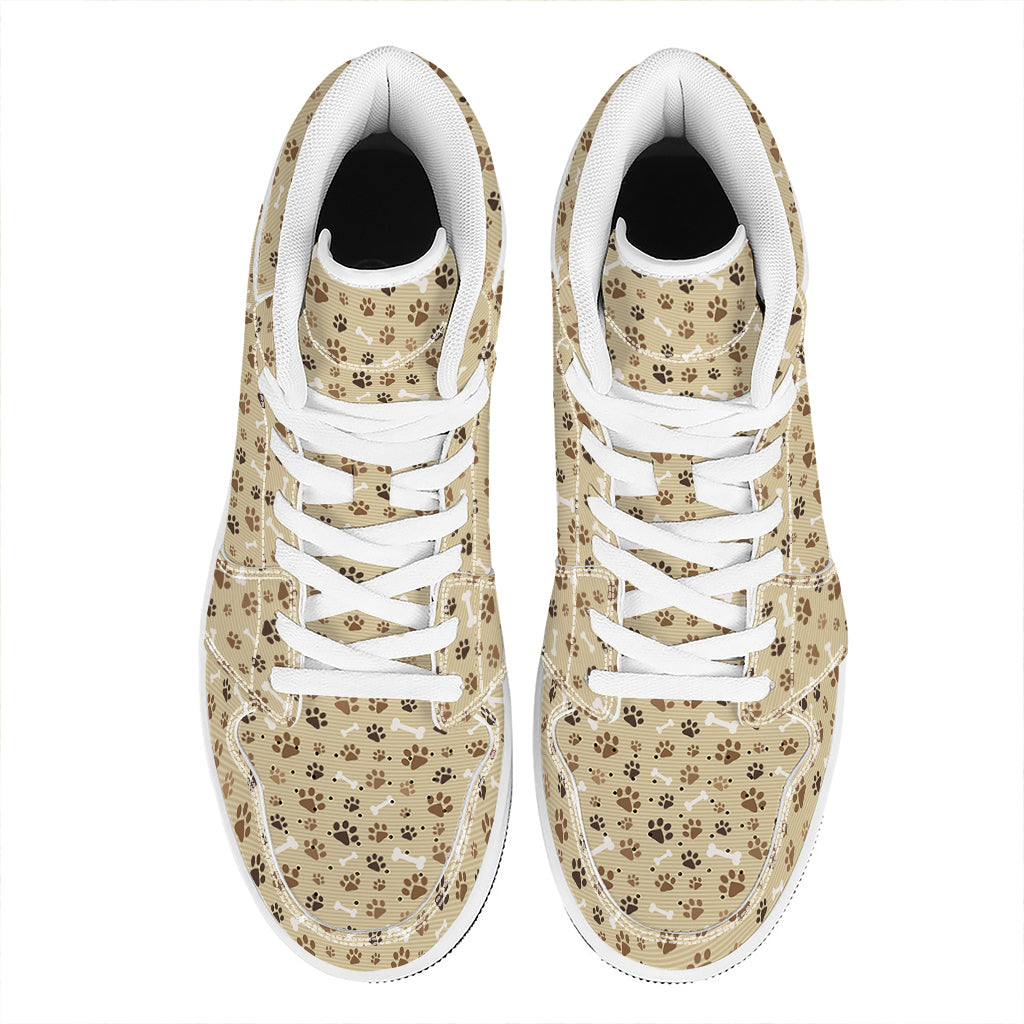 Beige Paw And Bone Pattern Print High Top Leather Sneakers