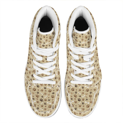Beige Paw And Bone Pattern Print High Top Leather Sneakers