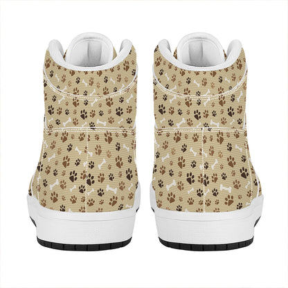 Beige Paw And Bone Pattern Print High Top Leather Sneakers