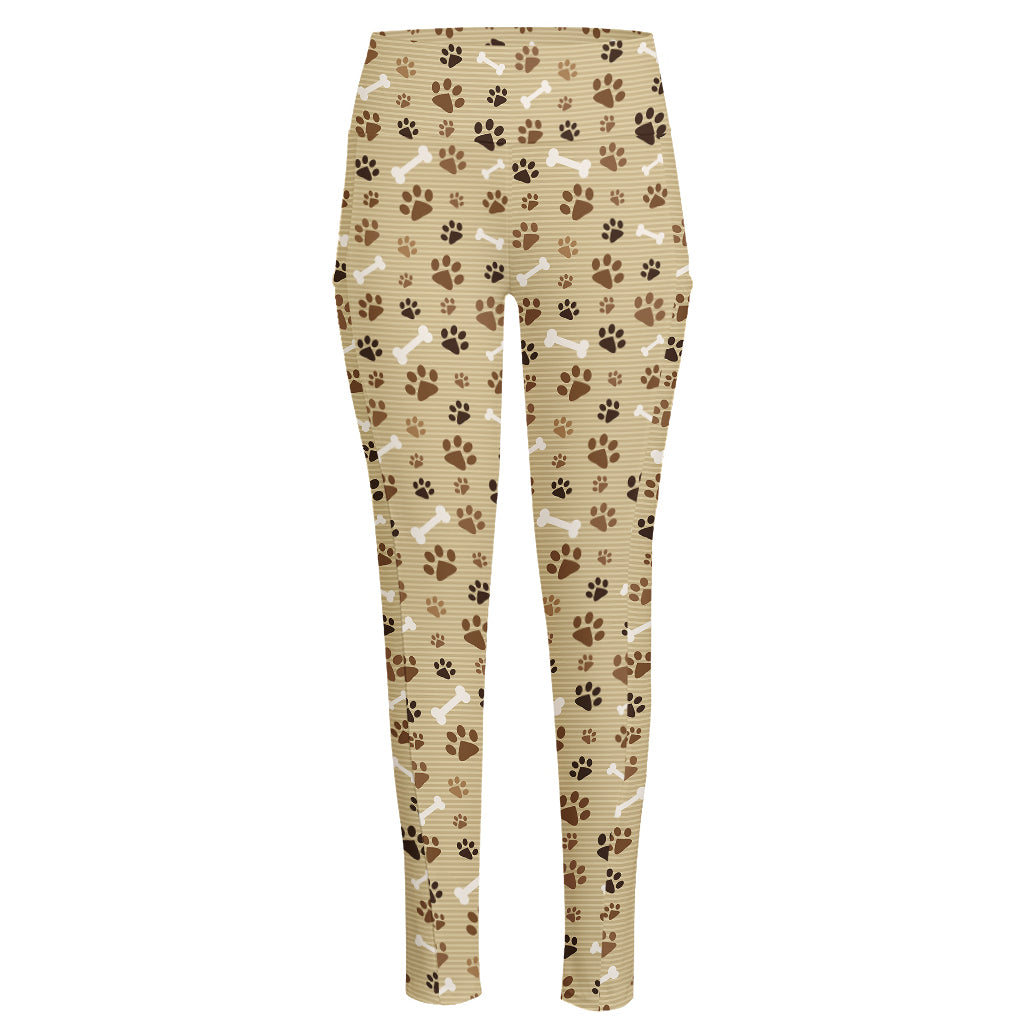 Beige Paw And Bone Pattern Print High-Waisted Pocket Leggings