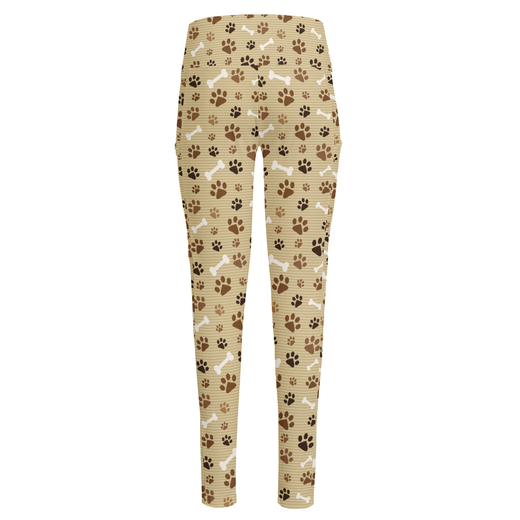 Beige Paw And Bone Pattern Print High-Waisted Pocket Leggings