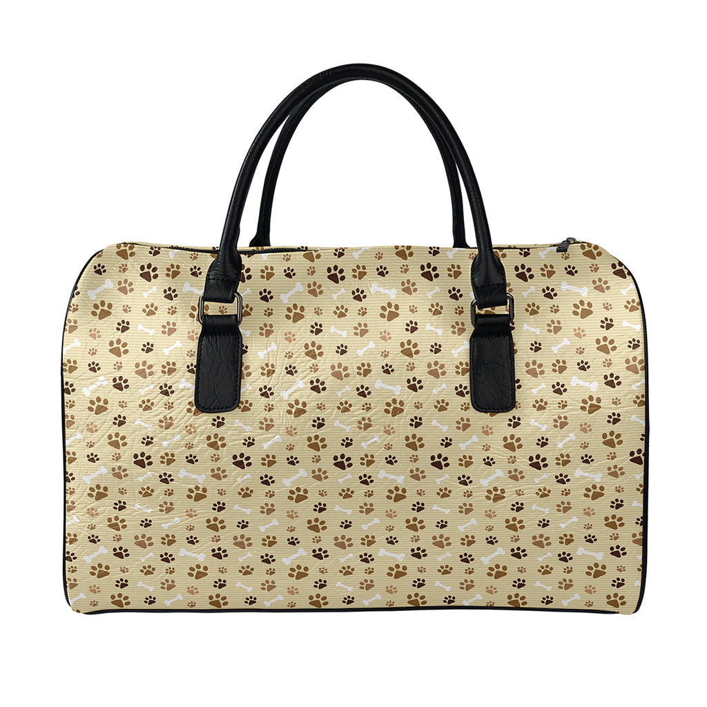 Beige Paw And Bone Pattern Print Leather Duffle Bag
