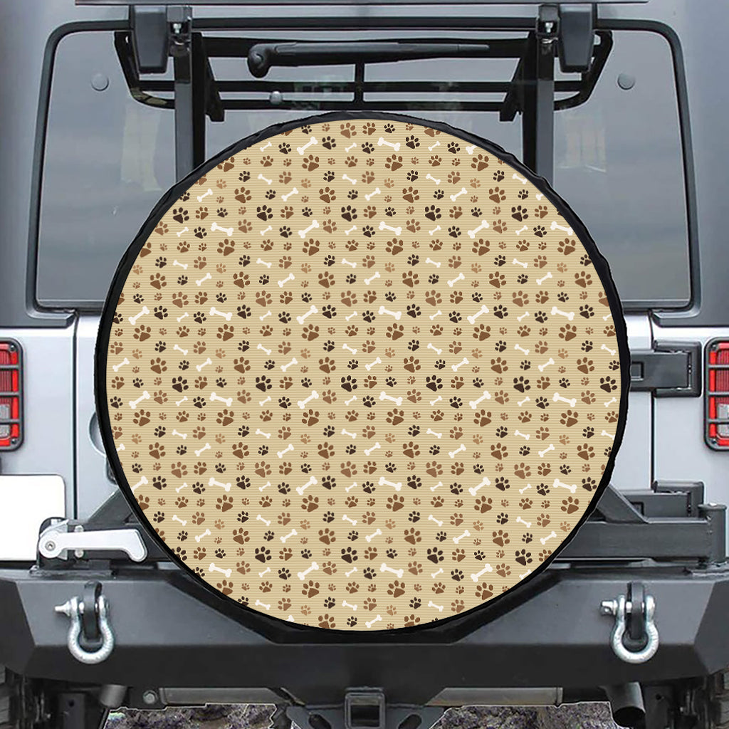 Beige Paw And Bone Pattern Print Leather Spare Tire Cover