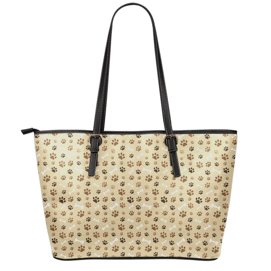 Beige Paw And Bone Pattern Print Leather Tote Bag
