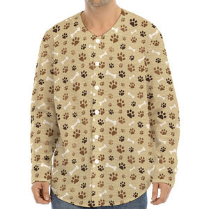 Beige Paw And Bone Pattern Print Long Sleeve Baseball Jersey