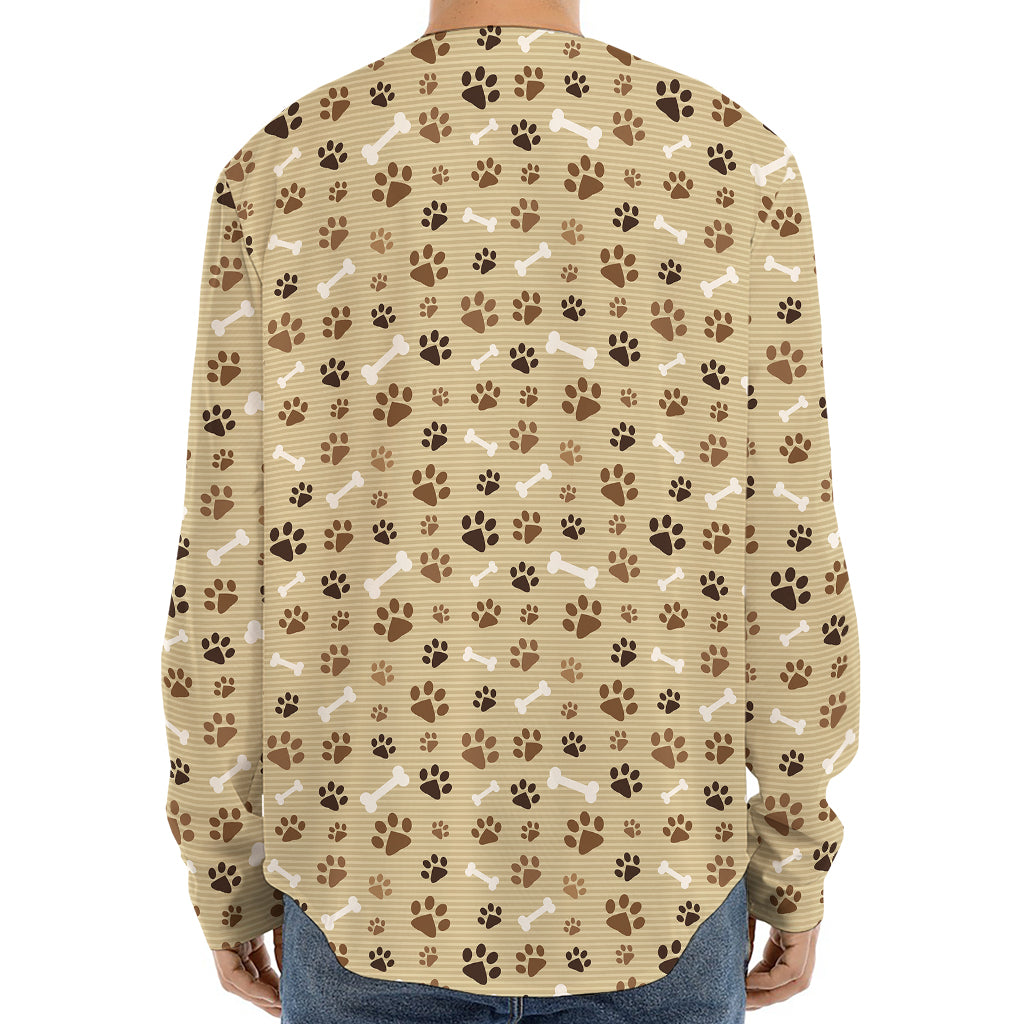 Beige Paw And Bone Pattern Print Long Sleeve Baseball Jersey