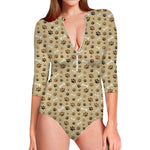 Beige Paw And Bone Pattern Print Long Sleeve Swimsuit