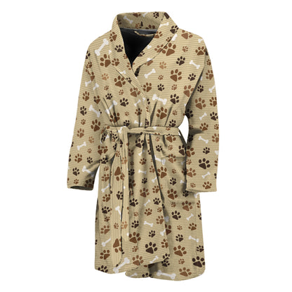 Beige Paw And Bone Pattern Print Men's Bathrobe