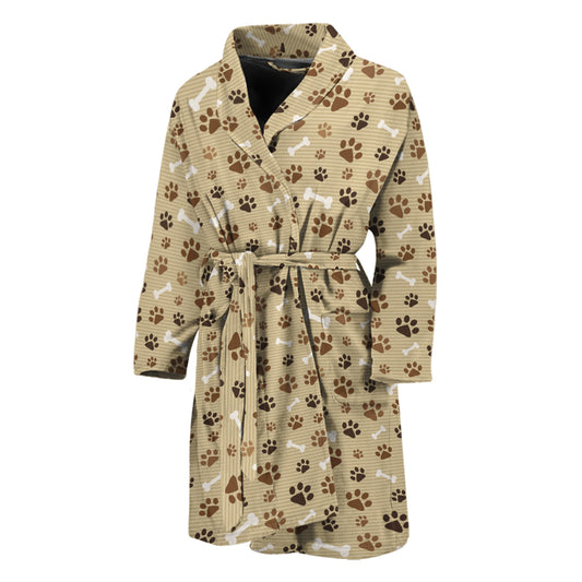Beige Paw And Bone Pattern Print Men's Bathrobe