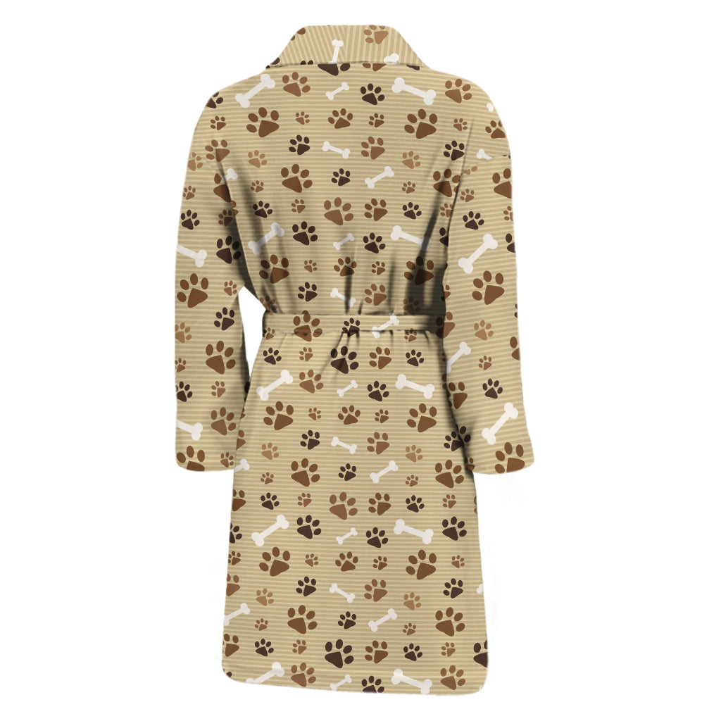 Beige Paw And Bone Pattern Print Men's Bathrobe