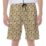 Beige Paw And Bone Pattern Print Men's Beach Shorts