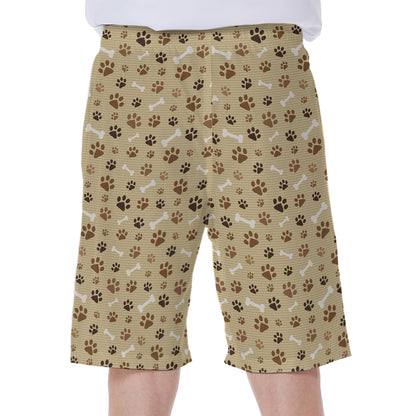 Beige Paw And Bone Pattern Print Men's Beach Shorts