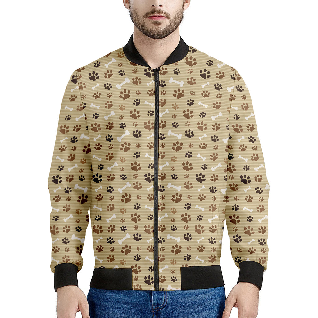 Beige Paw And Bone Pattern Print Men's Bomber Jacket