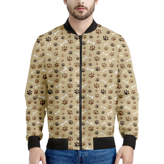 Beige Paw And Bone Pattern Print Men's Bomber Jacket