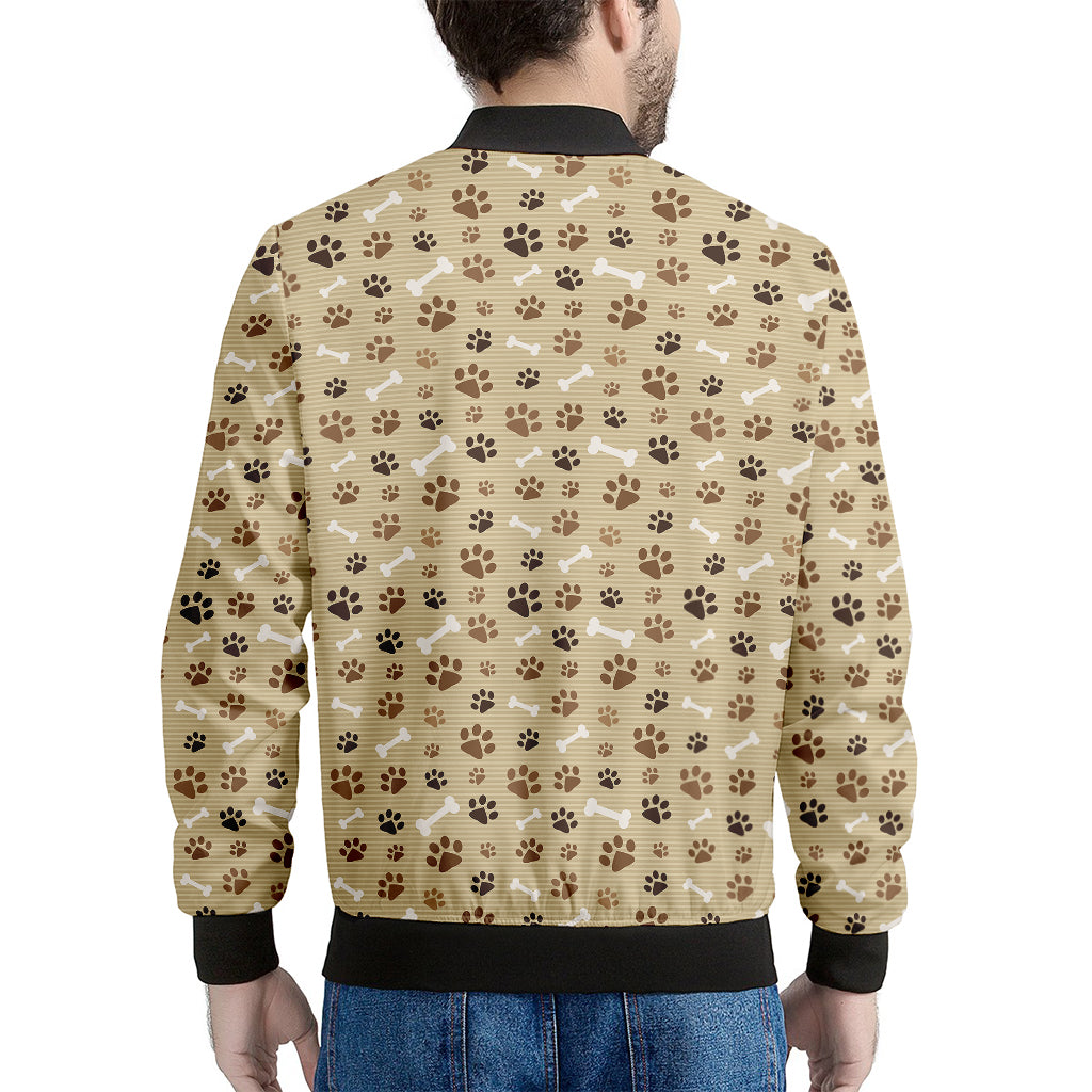 Beige Paw And Bone Pattern Print Men's Bomber Jacket