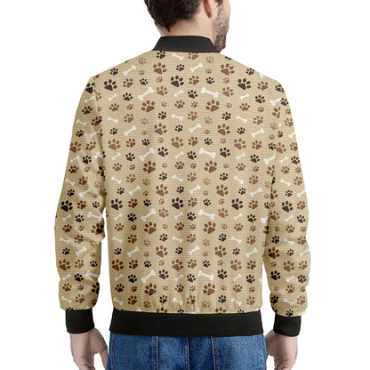 Beige Paw And Bone Pattern Print Men's Bomber Jacket