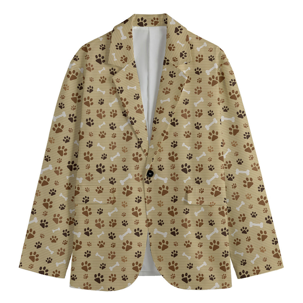 Beige Paw And Bone Pattern Print Men's Cotton Blazer