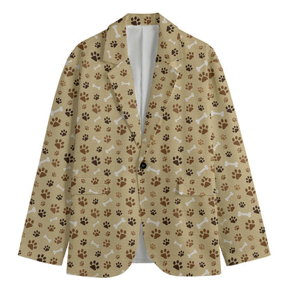 Beige Paw And Bone Pattern Print Men's Cotton Blazer