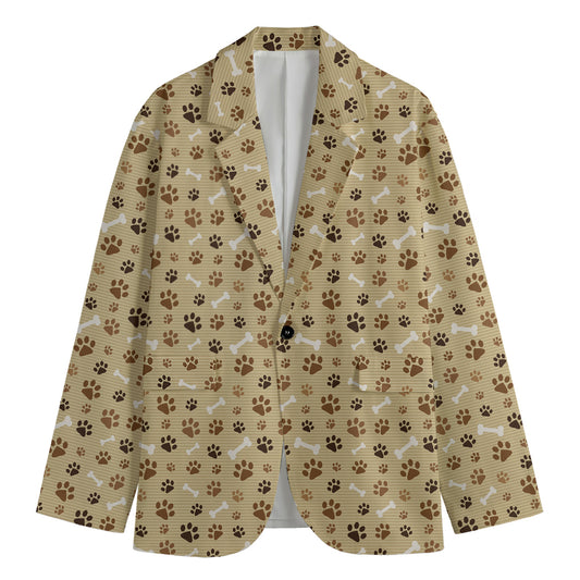 Beige Paw And Bone Pattern Print Men's Cotton Blazer
