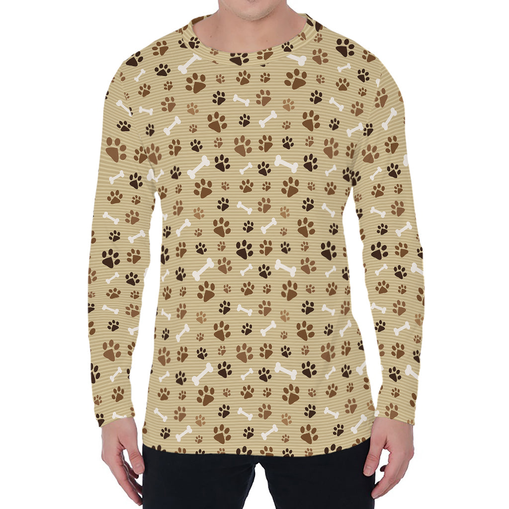 Beige Paw And Bone Pattern Print Men's Long Sleeve T-Shirt