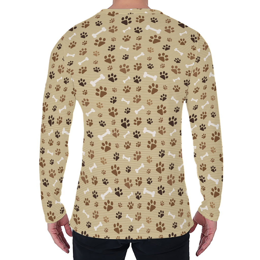 Beige Paw And Bone Pattern Print Men's Long Sleeve T-Shirt