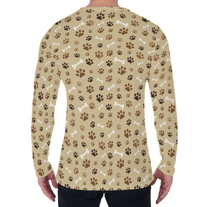 Beige Paw And Bone Pattern Print Men's Long Sleeve T-Shirt