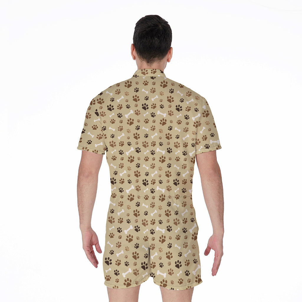 Beige Paw And Bone Pattern Print Men's Rompers