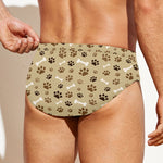 Beige Paw And Bone Pattern Print Men's Swim Briefs