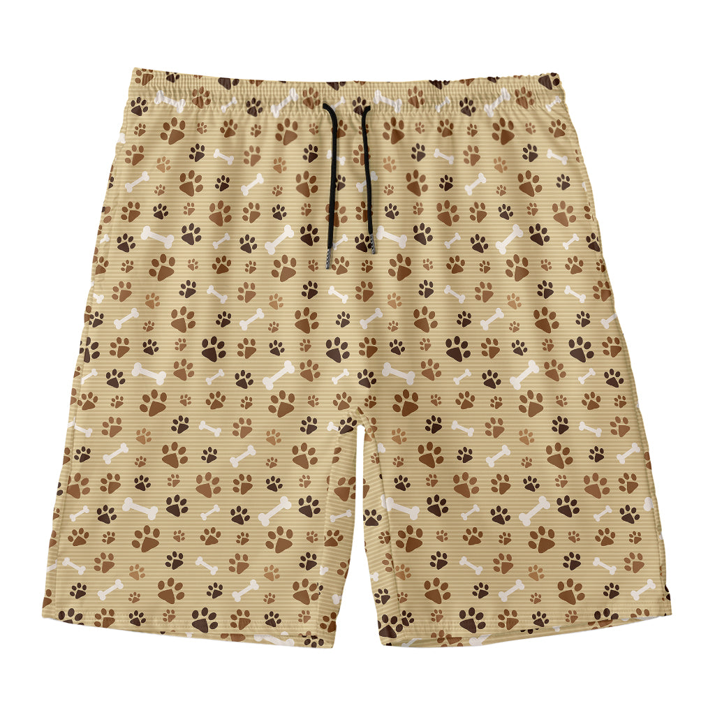 Beige Paw And Bone Pattern Print Men's Swim Trunks