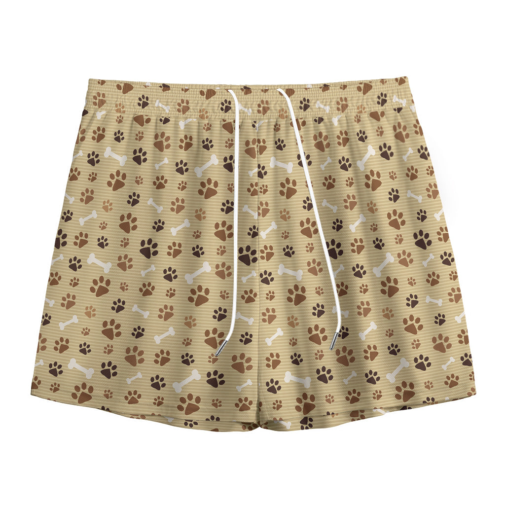 Beige Paw And Bone Pattern Print Mesh Shorts
