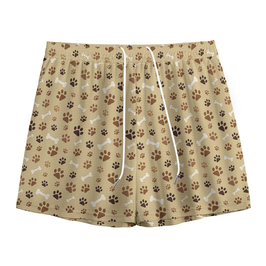 Beige Paw And Bone Pattern Print Mesh Shorts