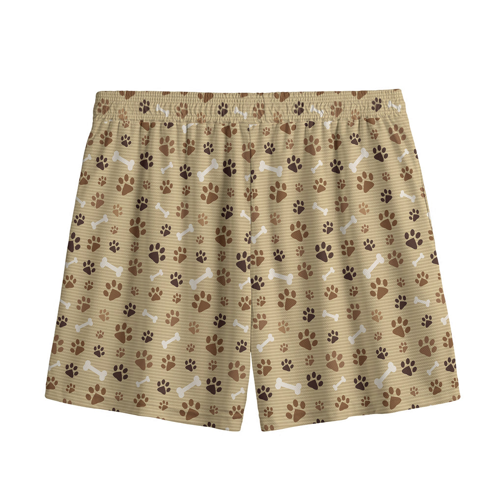 Beige Paw And Bone Pattern Print Mesh Shorts