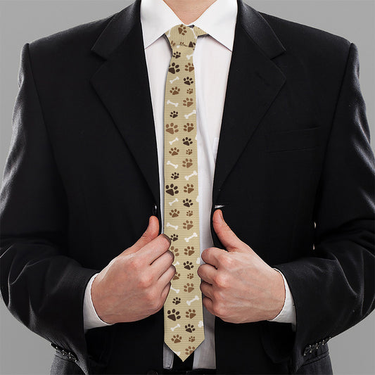 Beige Paw And Bone Pattern Print Necktie