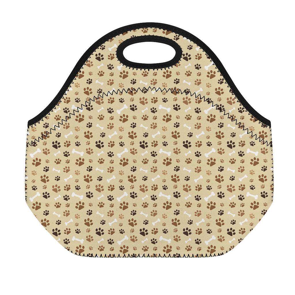 Beige Paw And Bone Pattern Print Neoprene Lunch Bag