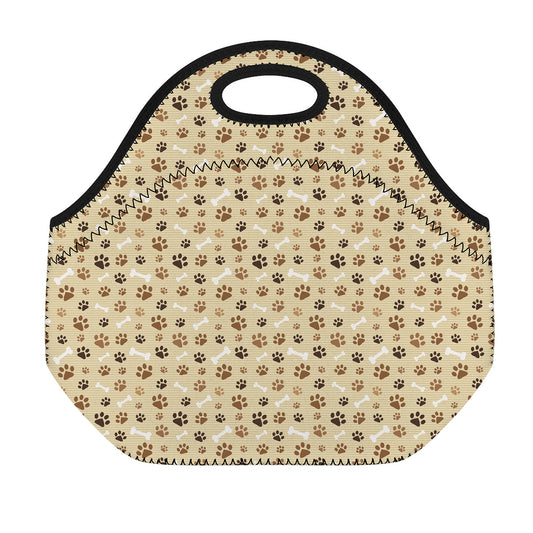Beige Paw And Bone Pattern Print Neoprene Lunch Bag