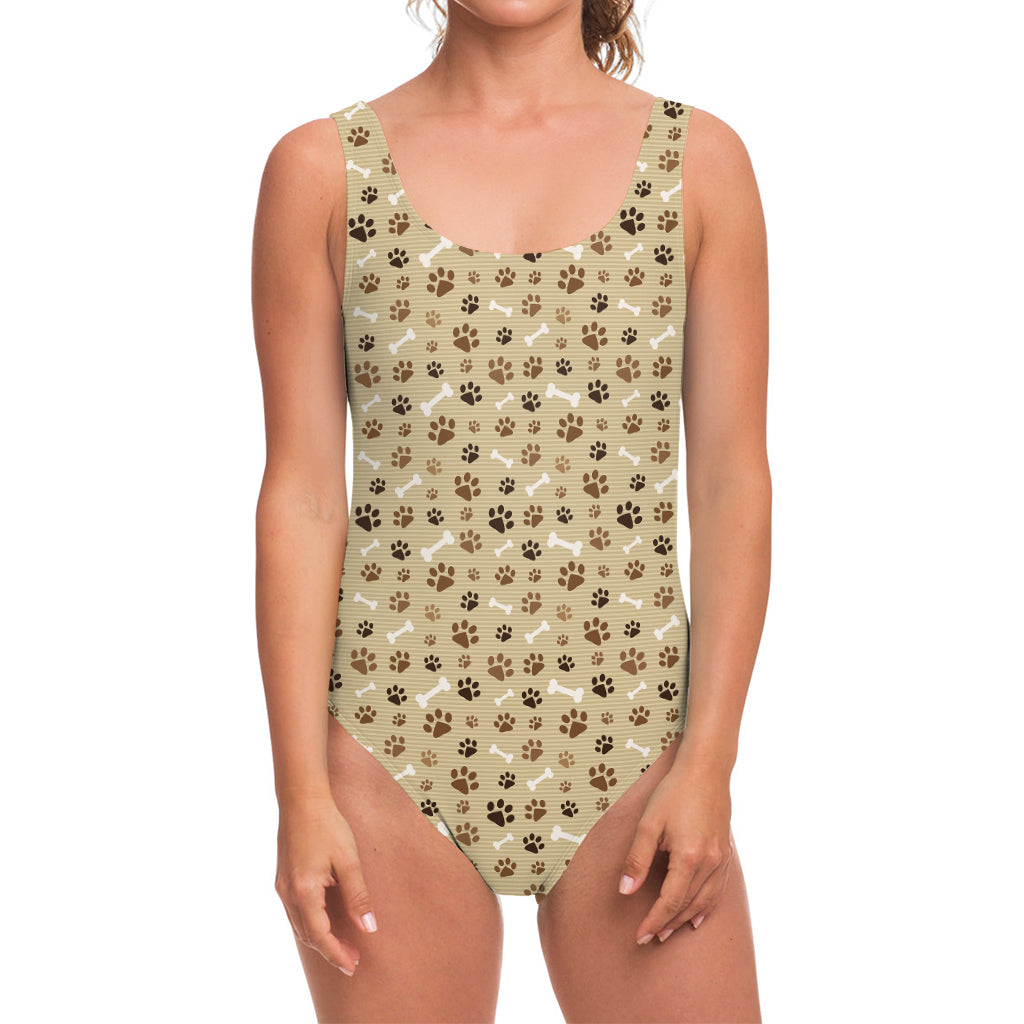 Beige Paw And Bone Pattern Print One Piece Swimsuit