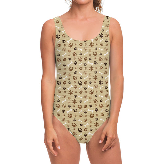 Beige Paw And Bone Pattern Print One Piece Swimsuit