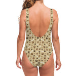 Beige Paw And Bone Pattern Print One Piece Swimsuit