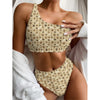 Beige Paw And Bone Pattern Print One Shoulder Bikini Top