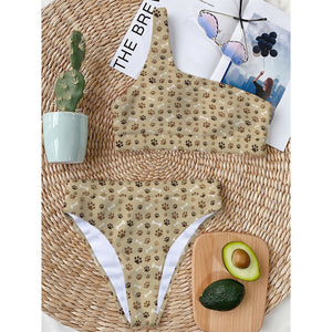 Beige Paw And Bone Pattern Print One Shoulder Bikini Top