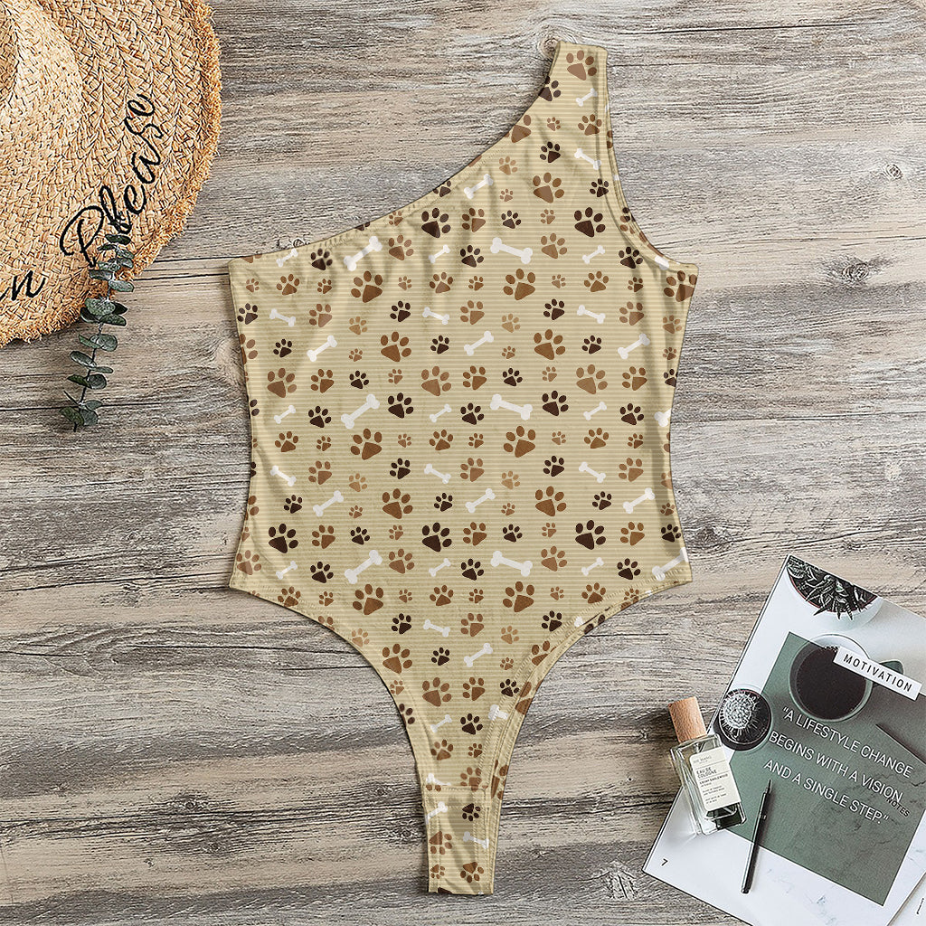 Beige Paw And Bone Pattern Print One Shoulder Bodysuit