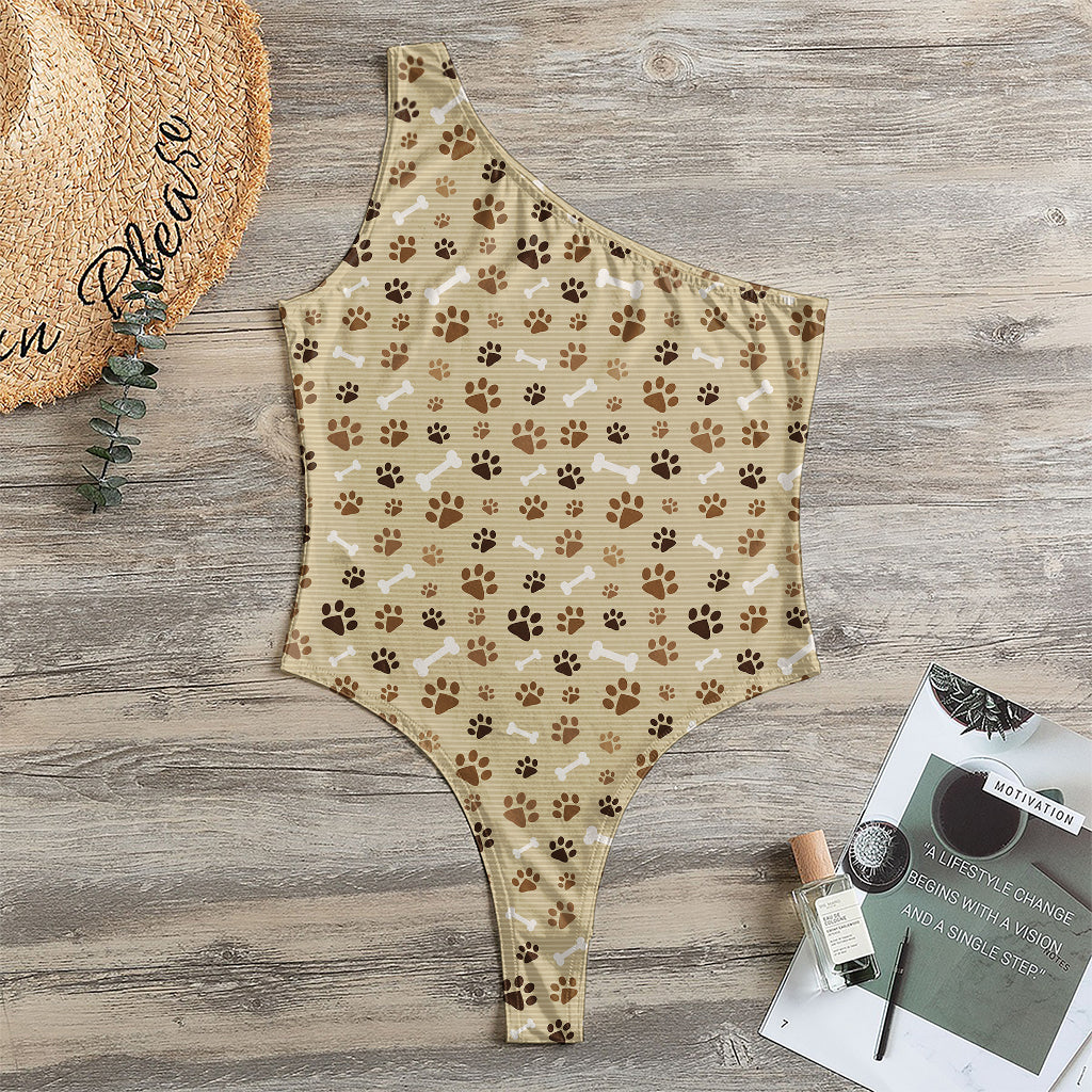 Beige Paw And Bone Pattern Print One Shoulder Bodysuit