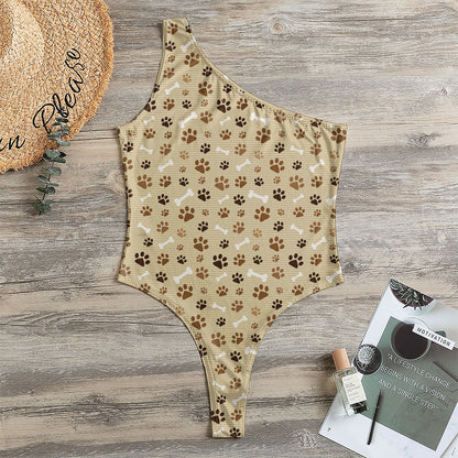 Beige Paw And Bone Pattern Print One Shoulder Bodysuit